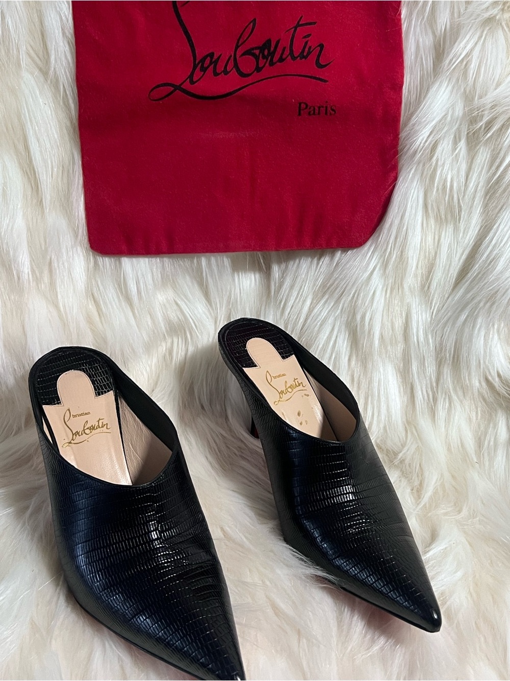 AUTHENTIC - Christian Louboutin Black Lizard Pointed Toe Mules - Size 37.5